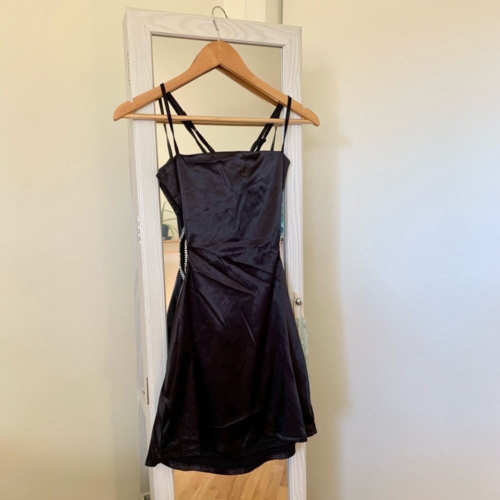 Black Satin Rhinestone Mini Dress